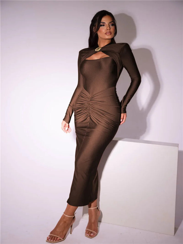 Vestido Longo Manga Longa Drapeado Mystic Charm