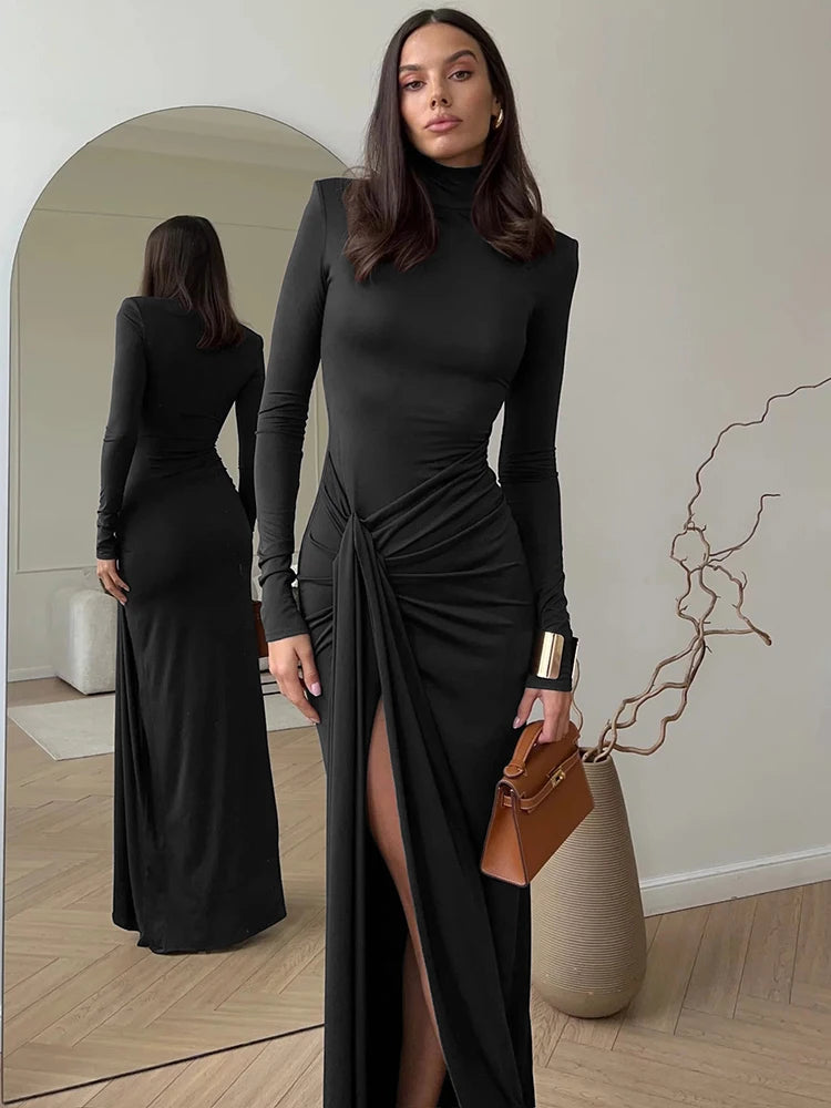 Vestido Longo com Fenda de Manga Longa e Gola Alta Serena Lollitaz