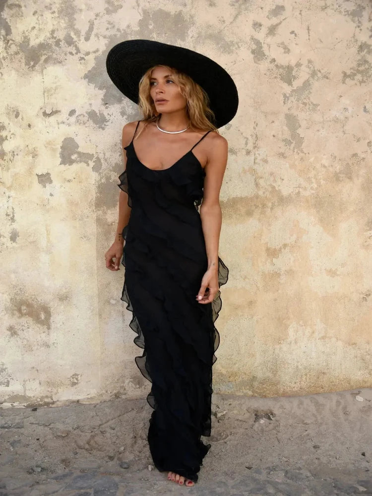 Vestido Longo de Alça Fina Babado Chic Lollitaz