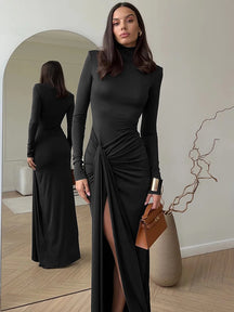Vestido Longo com Fenda de Manga Longa e Gola Alta Serena Lollitaz