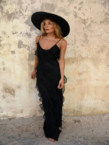 Vestido Longo de Alça Fina Babado Chic Lollitaz
