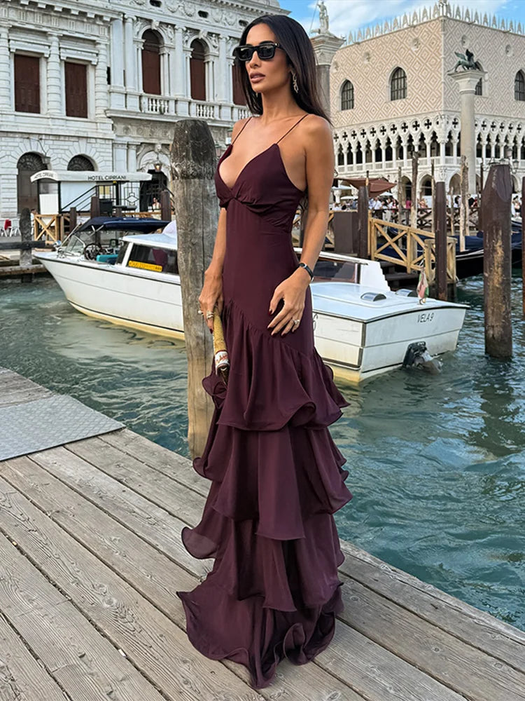 Vestido Longo de Alças Finas e Babados Fiorella