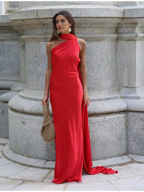 Vestido Longo em Cetim Ombro Único e Costas Abertas Celina Lollitaz
