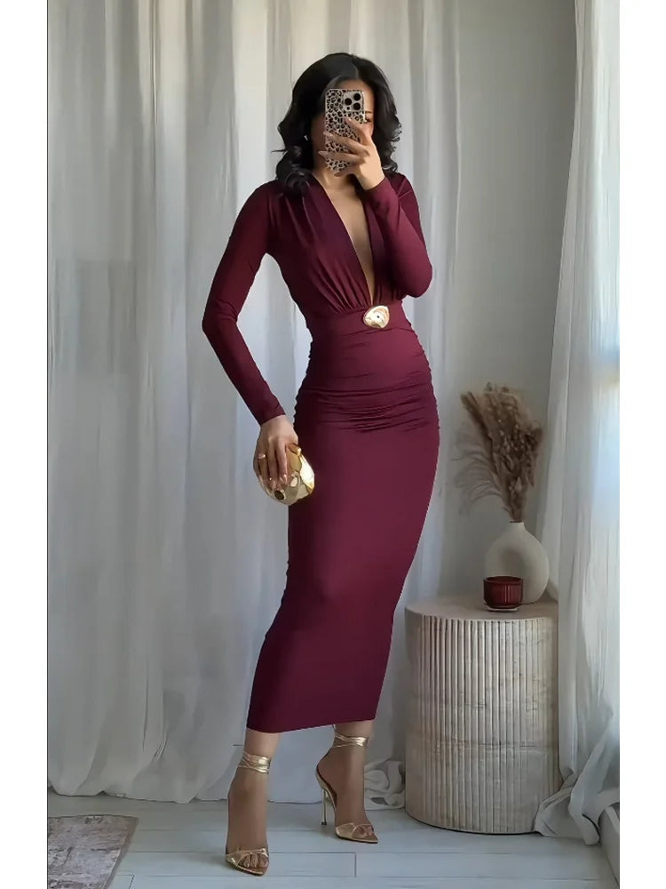 Vestido Longo de Manga Longa e Decote Profundo Aria Lollitaz