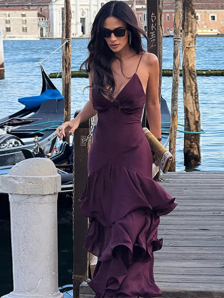 Vestido Longo de Alças Finas e Babados Fiorella